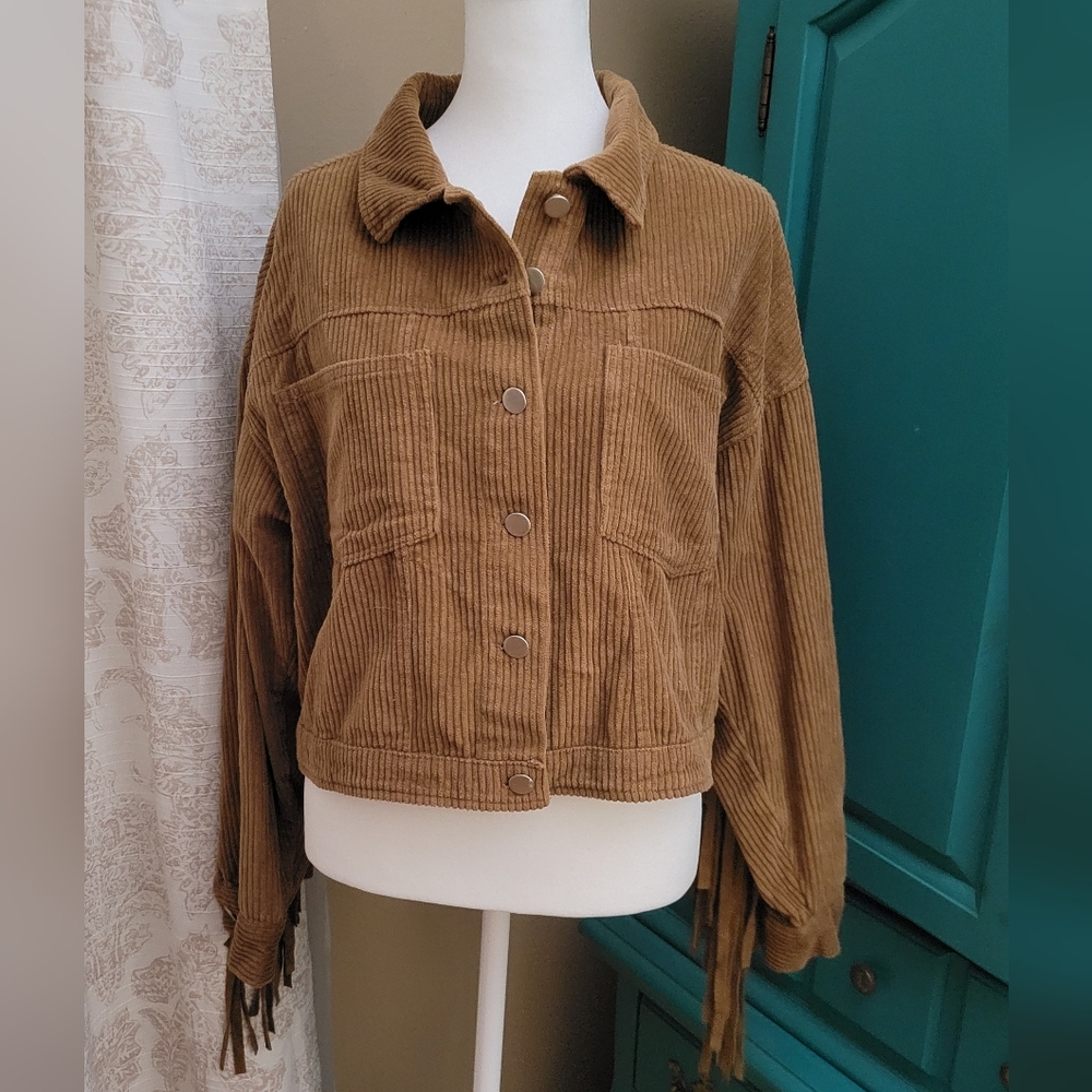 Women's Tan Fringe Corduroy Utility Jacket
